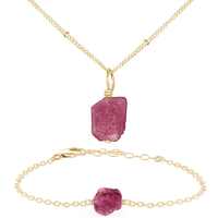 Raw Pink Tourmaline Crystal Jewellery Set - Raw Pink Tourmaline Crystal Jewellery Set - 14k Gold Fill / Satellite / Necklace & Bracelet - Luna Tide Handmade Crystal Jewellery