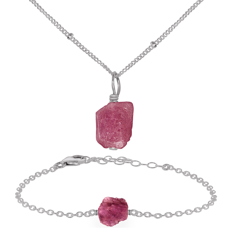 Raw Pink Tourmaline Crystal Jewellery Set - Raw Pink Tourmaline Crystal Jewellery Set - Stainless Steel / Satellite / Necklace & Bracelet - Luna Tide Handmade Crystal Jewellery