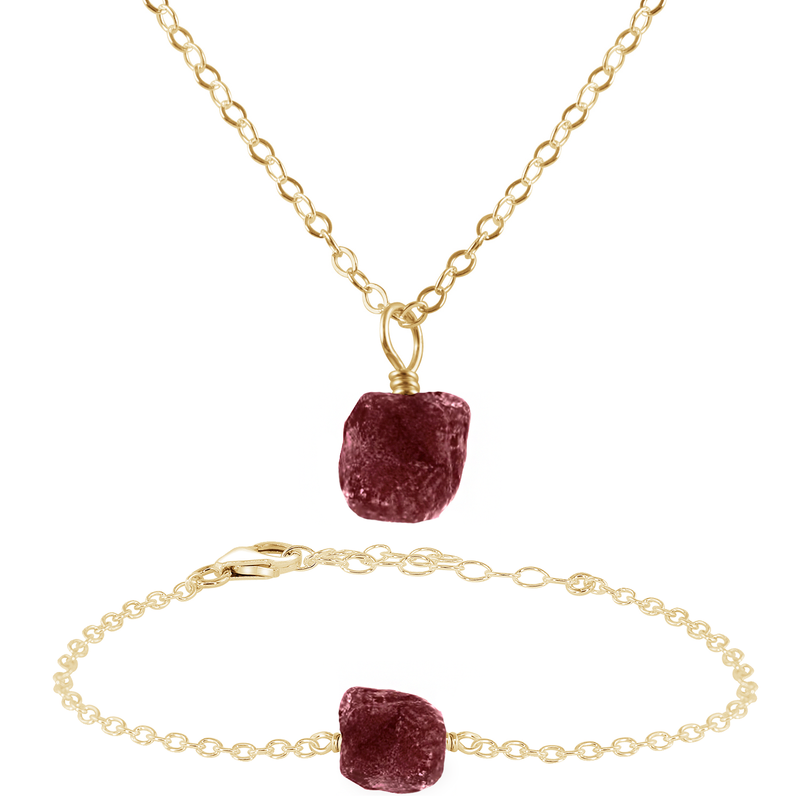 Raw Ruby Crystal Jewellery Set - Raw Ruby Crystal Jewellery Set - 14k Gold Fill / Cable / Necklace & Bracelet - Luna Tide Handmade Crystal Jewellery
