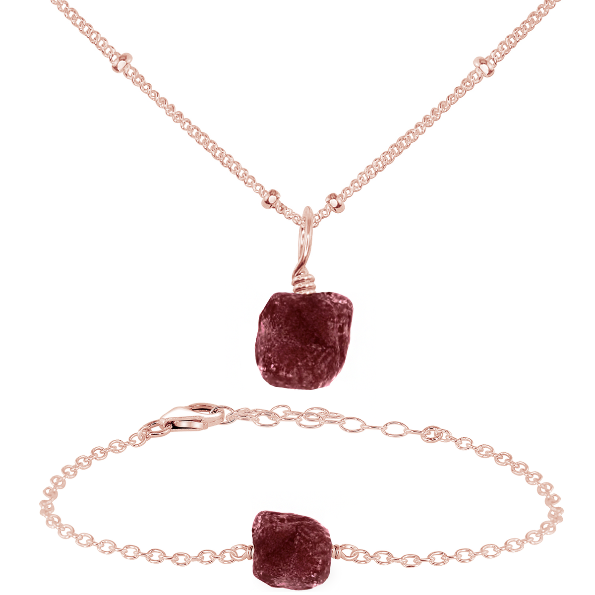 Raw Ruby Crystal Jewellery Set - Raw Ruby Crystal Jewellery Set - 14k Rose Gold Fill / Satellite / Necklace & Bracelet - Luna Tide Handmade Crystal Jewellery
