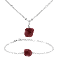Raw Ruby Crystal Jewellery Set - Raw Ruby Crystal Jewellery Set - Sterling Silver / Satellite / Necklace & Bracelet - Luna Tide Handmade Crystal Jewellery