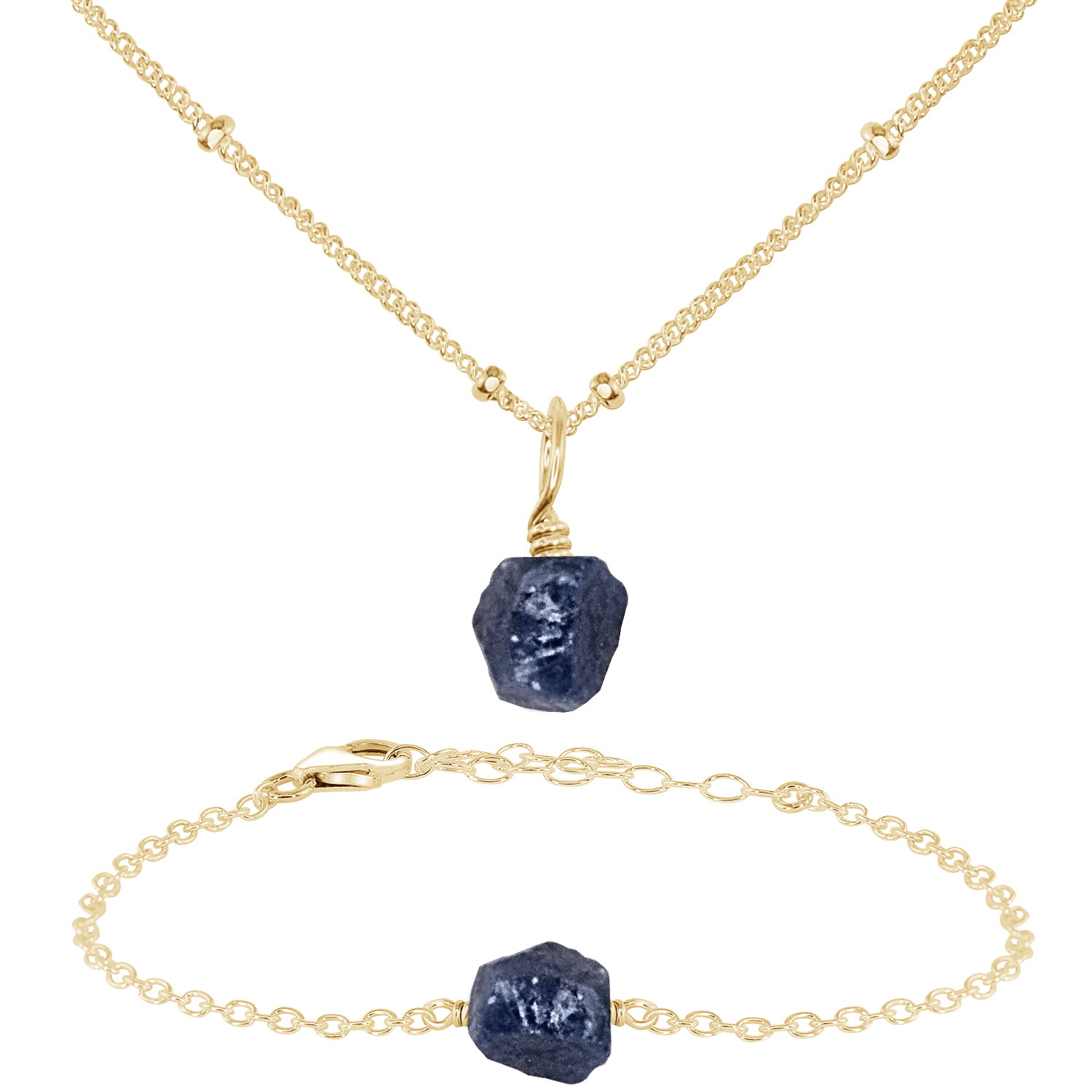 Raw Sapphire Crystal Jewellery Set - Raw Sapphire Crystal Jewellery Set - 14k Gold Fill / Satellite / Necklace & Bracelet - Luna Tide Handmade Crystal Jewellery