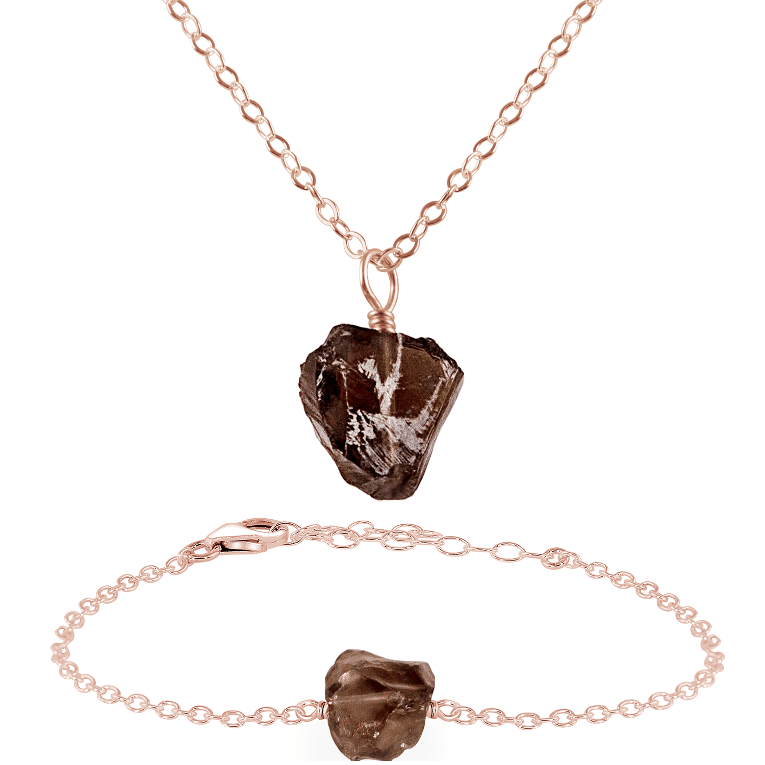 Raw Smoky Quartz Crystal Jewellery Set - Raw Smoky Quartz Crystal Jewellery Set - 14k Rose Gold Fill / Cable / Necklace & Bracelet - Luna Tide Handmade Crystal Jewellery