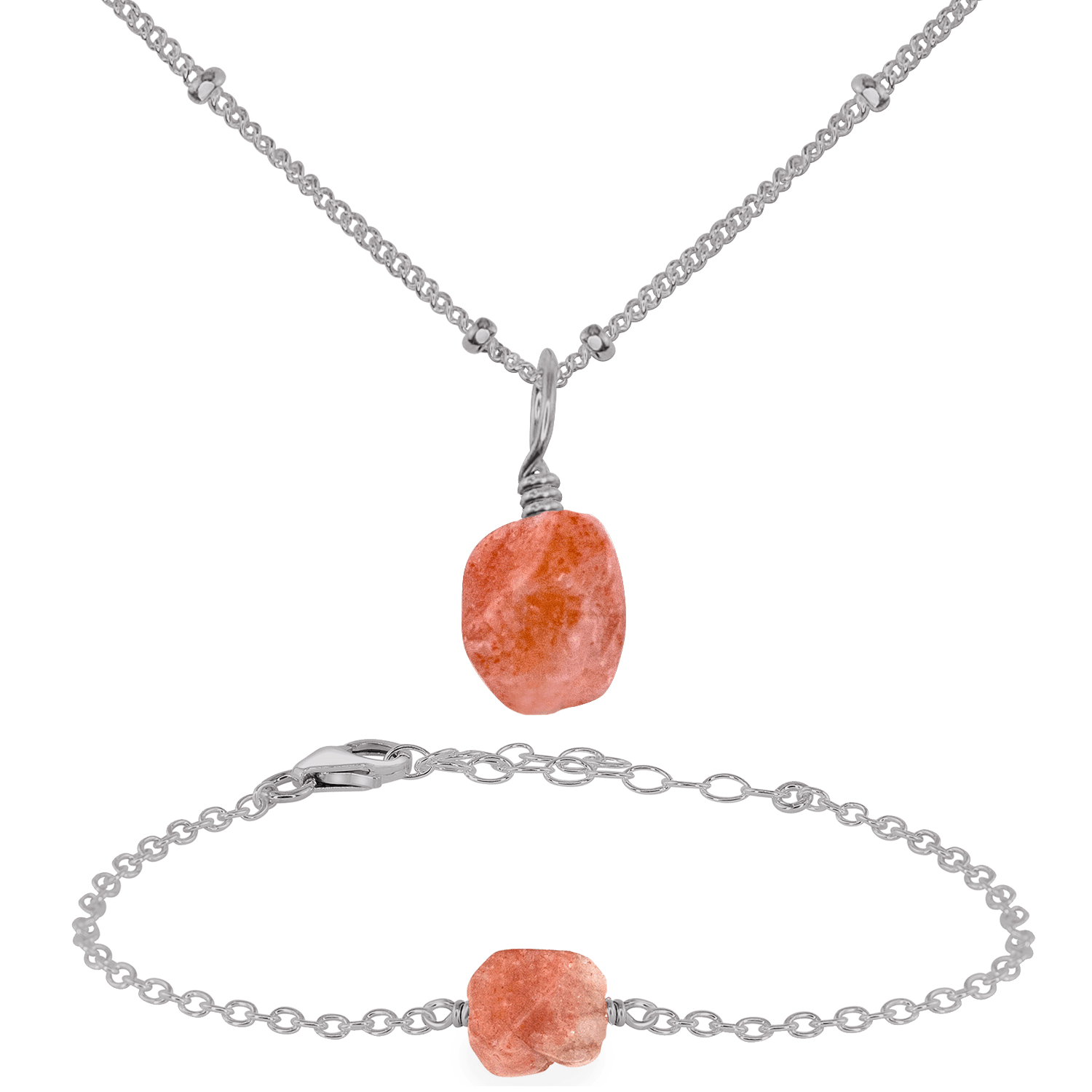 Raw Sunstone Crystal Jewellery Set - Raw Sunstone Crystal Jewellery Set - Stainless Steel / Satellite / Necklace & Bracelet - Luna Tide Handmade Crystal Jewellery