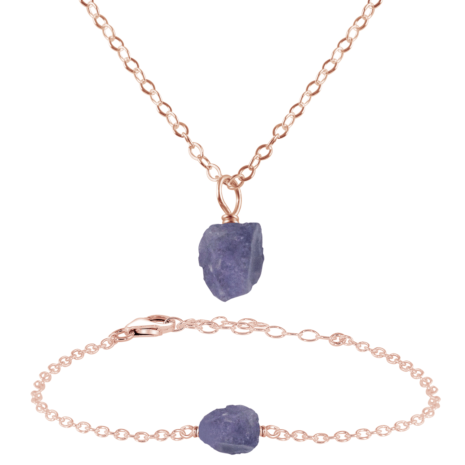Raw Tanzanite Crystal Jewellery Set - Raw Tanzanite Crystal Jewellery Set - 14k Rose Gold Fill / Cable / Necklace & Bracelet - Luna Tide Handmade Crystal Jewellery