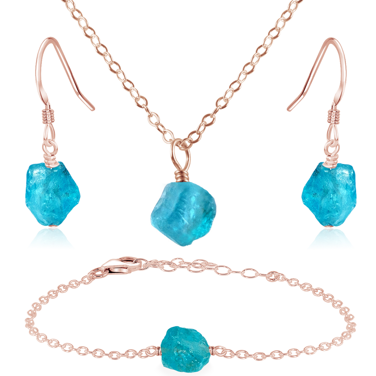 Raw Apatite Crystal Earrings & Necklace Set - Raw Apatite Crystal Earrings & Necklace Set - 14k Rose Gold Fill / Cable / Necklace & Earrings & Bracelet - Luna Tide Handmade Crystal Jewellery