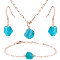 Raw Apatite Crystal Earrings & Necklace Set - Raw Apatite Crystal Earrings & Necklace Set - 14k Rose Gold Fill / Cable / Necklace & Earrings & Bracelet - Luna Tide Handmade Crystal Jewellery