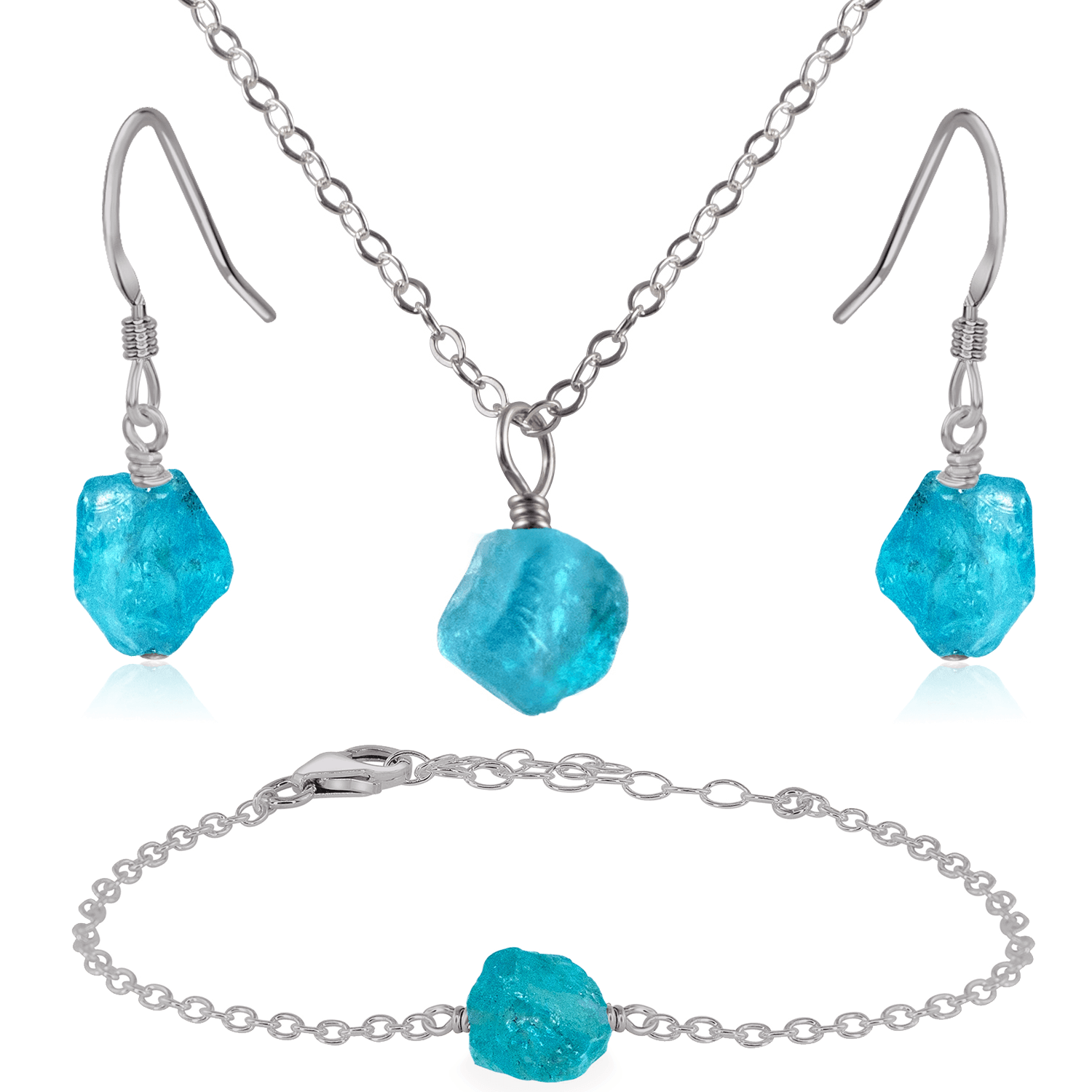 Raw Apatite Crystal Jewellery Set - Raw Apatite Crystal Jewellery Set - Stainless Steel / Cable / Necklace & Earrings & Bracelet - Luna Tide Handmade Crystal Jewellery