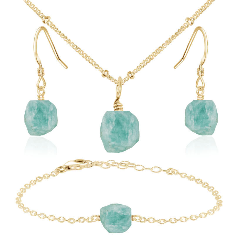 Raw Amazonite Crystal Necklace, Earrings and Bracelet Set - Raw Amazonite Crystal Necklace, Earrings and Bracelet Set - 14k Gold Fill / Satellite / Necklace & Earrings & Bracelet - Luna Tide Handmade Crystal Jewellery
