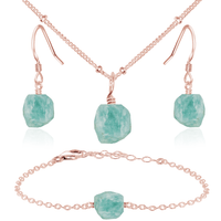 Raw Amazonite Crystal Necklace, Earrings and Bracelet Set - Raw Amazonite Crystal Necklace, Earrings and Bracelet Set - 14k Rose Gold Fill / Satellite / Necklace & Earrings & Bracelet - Luna Tide Handmade Crystal Jewellery