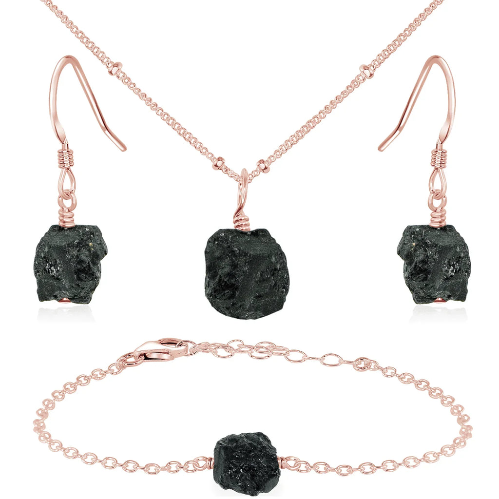 Raw Black Tourmaline Crystal Jewellery Set - Raw Black Tourmaline Crystal Jewellery Set - 14k Rose Gold Fill / Satellite / Necklace & Earrings & Bracelet - Luna Tide Handmade Crystal Jewellery