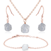 Raw Crystal Quartz Jewellery Set - Raw Crystal Quartz Jewellery Set - 14k Rose Gold Fill / Cable / Necklace & Earrings & Bracelet - Luna Tide Handmade Crystal Jewellery