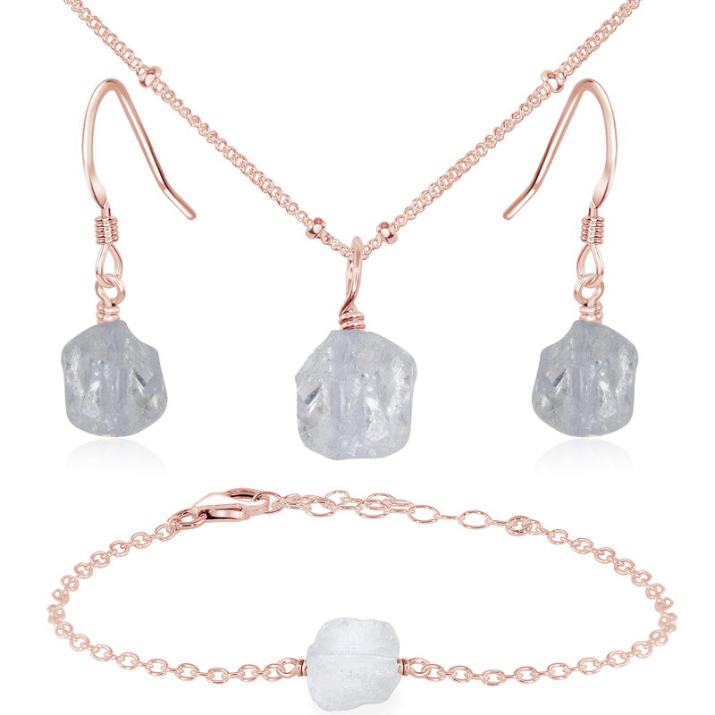 Raw Crystal Quartz Jewellery Set - Raw Crystal Quartz Jewellery Set - 14k Rose Gold Fill / Satellite / Necklace & Earrings & Bracelet - Luna Tide Handmade Crystal Jewellery