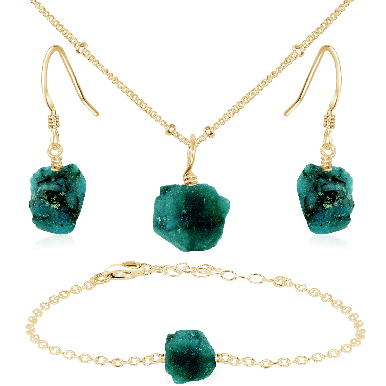 Raw Emerald Crystal Jewellery Set - Raw Emerald Crystal Jewellery Set - 14k Gold Fill / Satellite / Necklace & Earrings & Bracelet - Luna Tide Handmade Crystal Jewellery