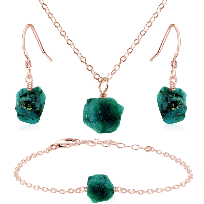 Raw Emerald Crystal Jewellery Set - Raw Emerald Crystal Jewellery Set - 14k Rose Gold Fill / Cable / Necklace & Earrings & Bracelet - Luna Tide Handmade Crystal Jewellery