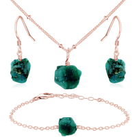 Raw Emerald Crystal Jewellery Set - Raw Emerald Crystal Jewellery Set - 14k Rose Gold Fill / Satellite / Necklace & Earrings & Bracelet - Luna Tide Handmade Crystal Jewellery