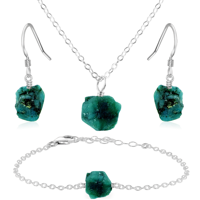Raw Emerald Crystal Jewellery Set - Raw Emerald Crystal Jewellery Set - Sterling Silver / Cable / Necklace & Earrings & Bracelet - Luna Tide Handmade Crystal Jewellery