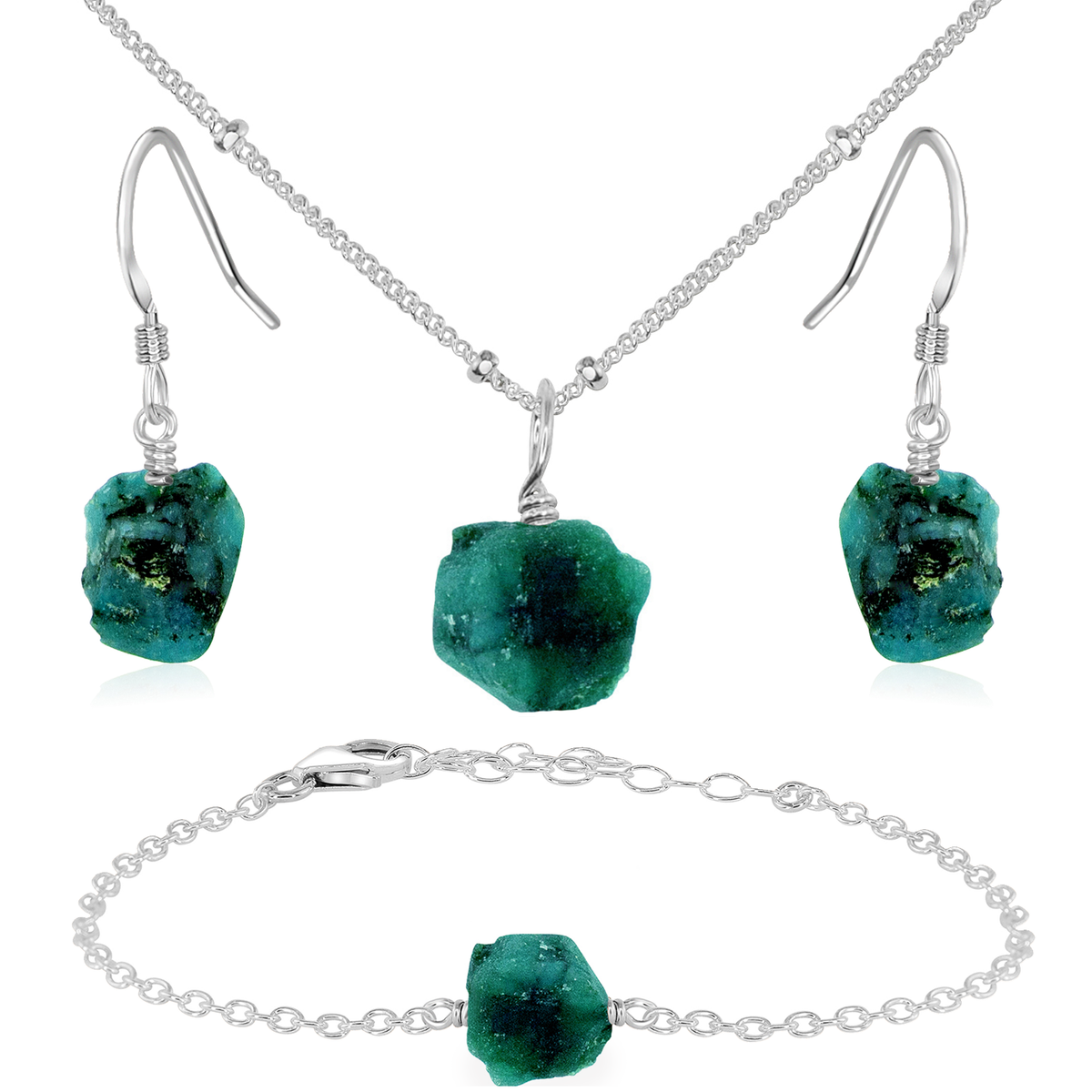 Raw Emerald Crystal Jewellery Set - Raw Emerald Crystal Jewellery Set - Sterling Silver / Satellite / Necklace & Earrings & Bracelet - Luna Tide Handmade Crystal Jewellery