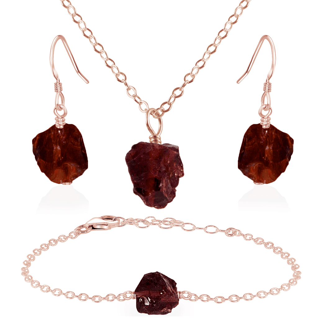 Raw Garnet Crystal Jewellery Set - Raw Garnet Crystal Jewellery Set - 14k Rose Gold Fill / Cable / Necklace & Earrings & Bracelet - Luna Tide Handmade Crystal Jewellery