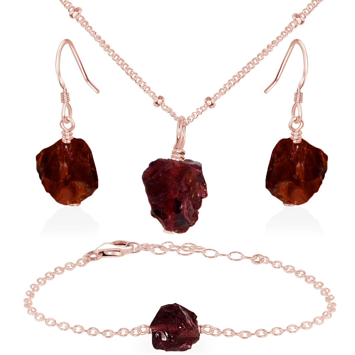 Raw Garnet Crystal Jewellery Set - Raw Garnet Crystal Jewellery Set - 14k Rose Gold Fill / Satellite / Necklace & Earrings & Bracelet - Luna Tide Handmade Crystal Jewellery
