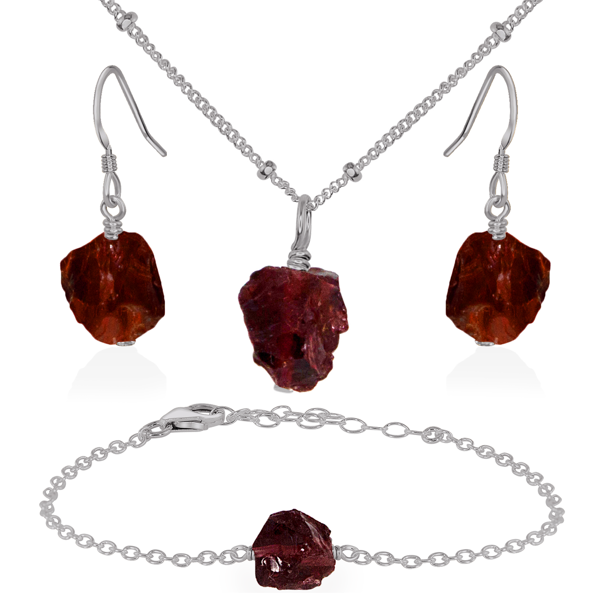 Raw Garnet Crystal Jewellery Set - Raw Garnet Crystal Jewellery Set - Stainless Steel / Satellite / Necklace & Earrings & Bracelet - Luna Tide Handmade Crystal Jewellery