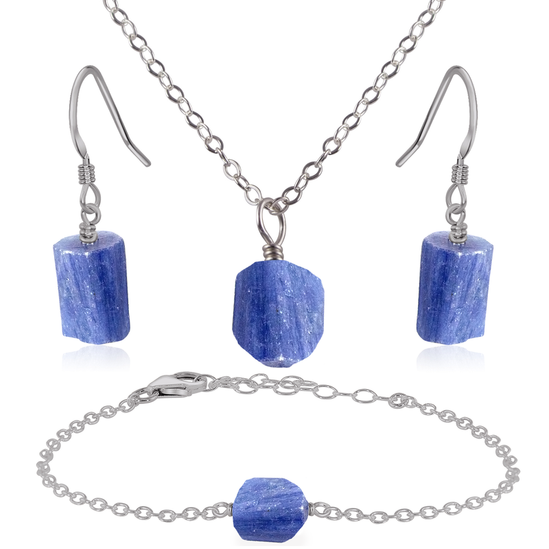Raw Kyanite Crystal Jewellery Set - Raw Kyanite Crystal Jewellery Set - Stainless Steel / Cable / Necklace & Earrings & Bracelet - Luna Tide Handmade Crystal Jewellery
