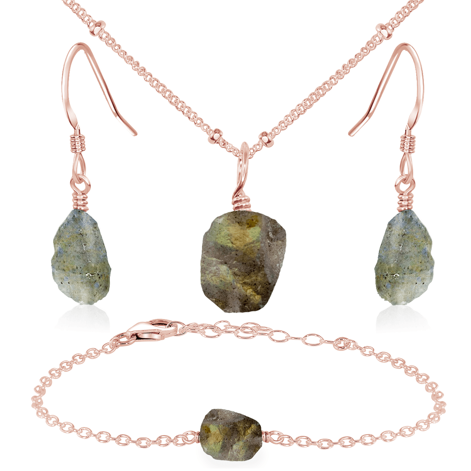 Raw Labradorite Crystal Jewellery Set - Raw Labradorite Crystal Jewellery Set - 14k Rose Gold Fill / Satellite / Necklace & Earrings & Bracelet - Luna Tide Handmade Crystal Jewellery