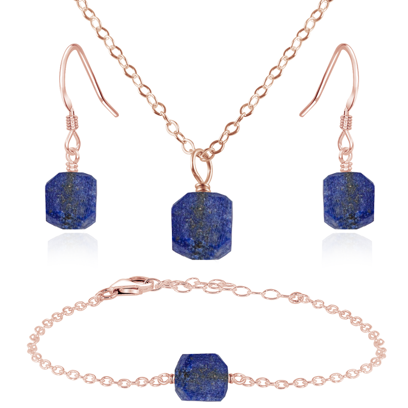 Raw Lapis Lazuli Crystal Jewellery Set - Raw Lapis Lazuli Crystal Jewellery Set - 14k Rose Gold Fill / Cable / Necklace & Earrings & Bracelet - Luna Tide Handmade Crystal Jewellery