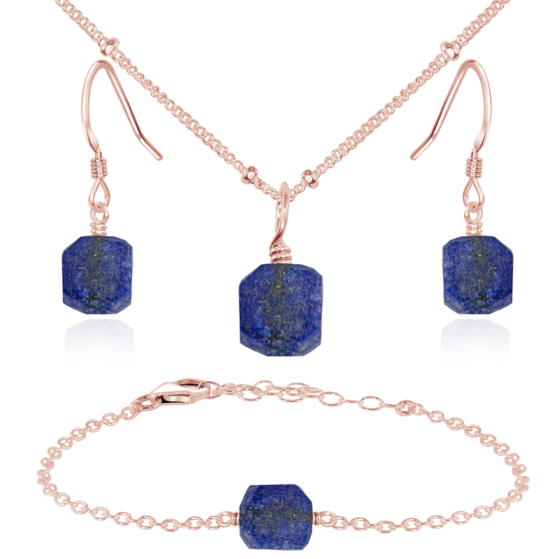 Raw Lapis Lazuli Crystal Jewellery Set - Raw Lapis Lazuli Crystal Jewellery Set - 14k Rose Gold Fill / Satellite / Necklace & Earrings & Bracelet - Luna Tide Handmade Crystal Jewellery