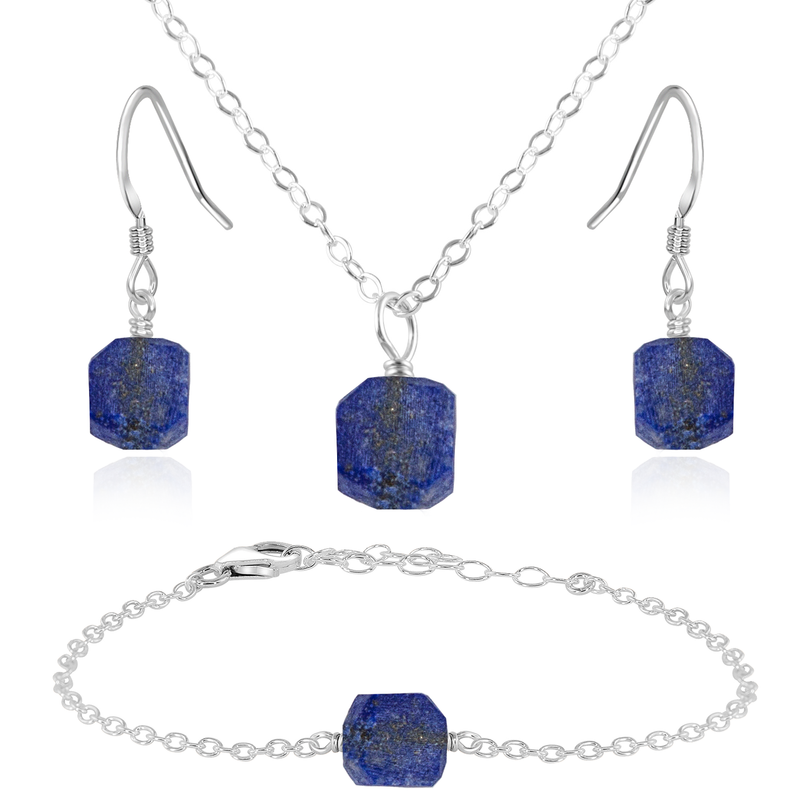 Raw Lapis Lazuli Crystal Jewellery Set - Raw Lapis Lazuli Crystal Jewellery Set - Sterling Silver / Cable / Necklace & Earrings & Bracelet - Luna Tide Handmade Crystal Jewellery