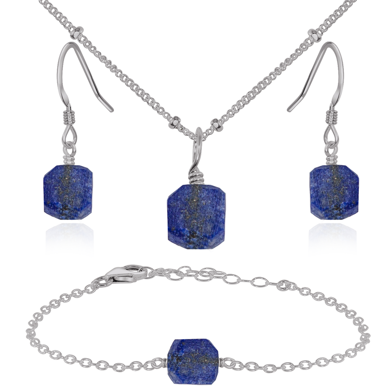 Raw Lapis Lazuli Crystal Jewellery Set - Raw Lapis Lazuli Crystal Jewellery Set - Stainless Steel / Satellite / Necklace & Earrings & Bracelet - Luna Tide Handmade Crystal Jewellery