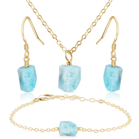 Raw Larimar Crystal Jewellery Set - Raw Larimar Crystal Jewellery Set - 14k Gold Fill / Cable / Necklace & Earrings & Bracelet - Luna Tide Handmade Crystal Jewellery