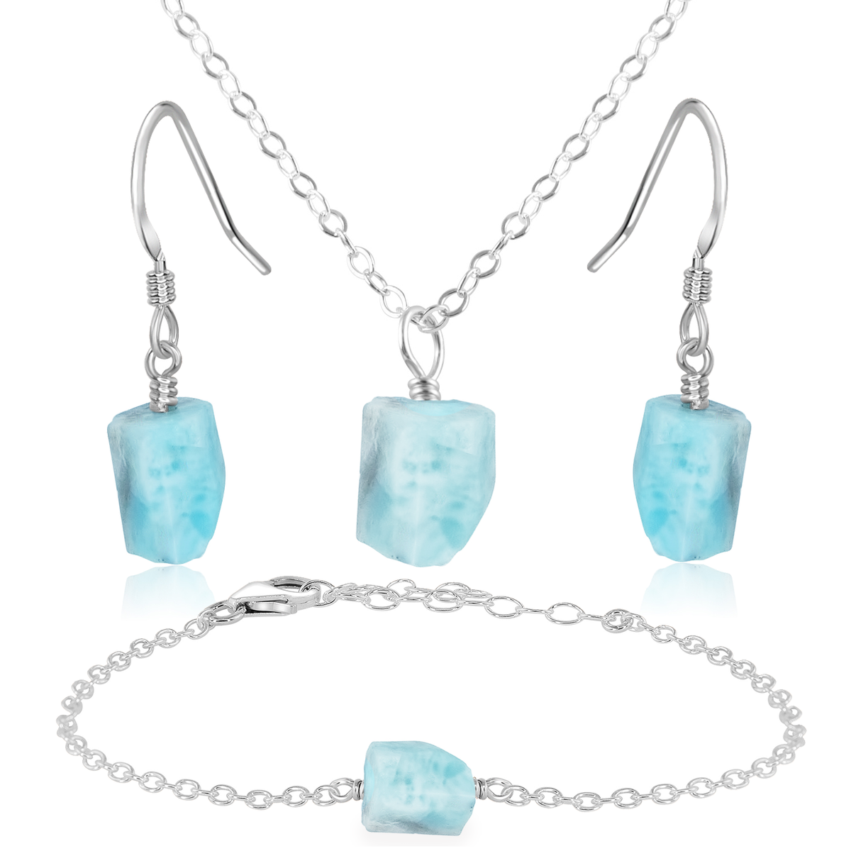 Raw Larimar Crystal Jewellery Set - Raw Larimar Crystal Jewellery Set - Sterling Silver / Cable / Necklace & Earrings & Bracelet - Luna Tide Handmade Crystal Jewellery