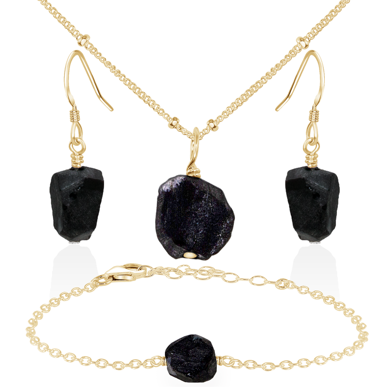 Raw Obsidian Crystal Jewellery Set - Raw Obsidian Crystal Jewellery Set - 14k Gold Fill / Satellite / Necklace & Earrings & Bracelet - Luna Tide Handmade Crystal Jewellery