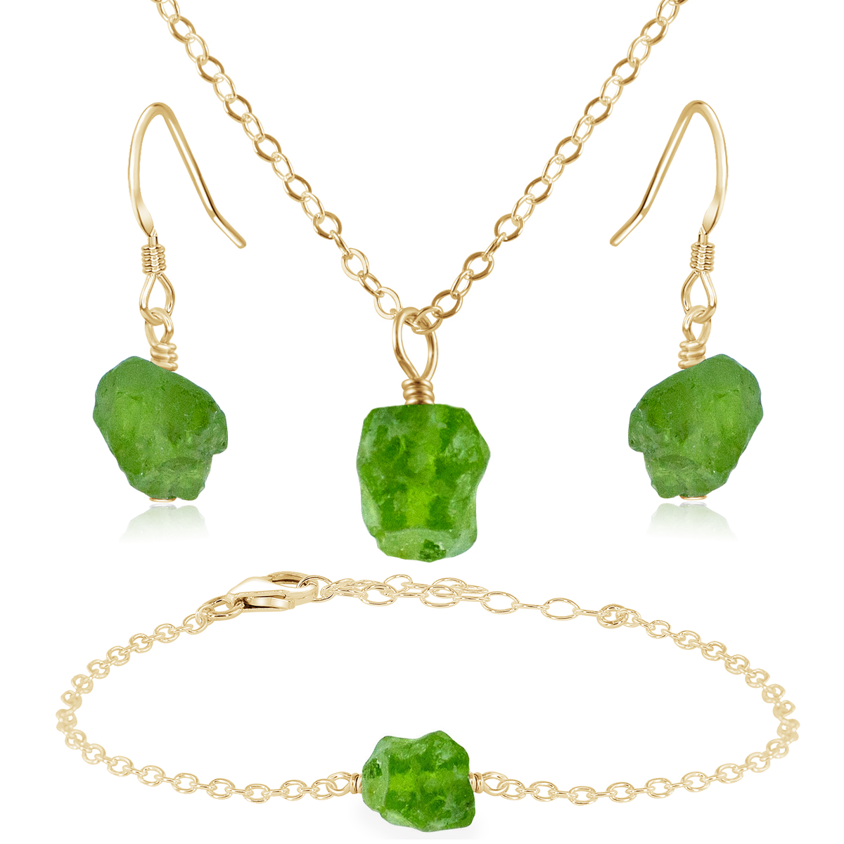 Raw Peridot Crystal Jewellery Set - Raw Peridot Crystal Jewellery Set - 14k Gold Fill / Cable / Necklace & Earrings & Bracelet - Luna Tide Handmade Crystal Jewellery