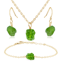 Raw Peridot Crystal Jewellery Set - Raw Peridot Crystal Jewellery Set - 14k Gold Fill / Cable / Necklace & Earrings & Bracelet - Luna Tide Handmade Crystal Jewellery