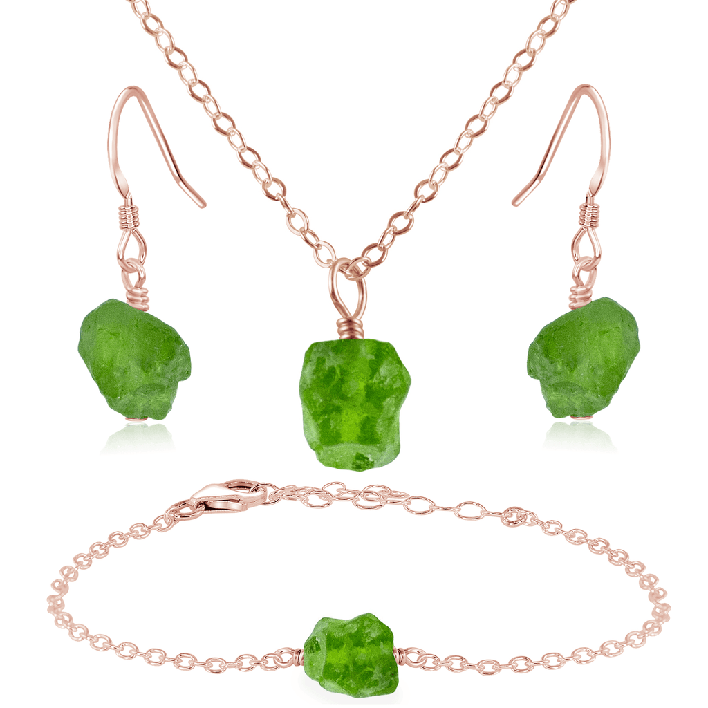 Raw Peridot Crystal Jewellery Set - Raw Peridot Crystal Jewellery Set - 14k Rose Gold Fill / Cable / Necklace & Earrings & Bracelet - Luna Tide Handmade Crystal Jewellery