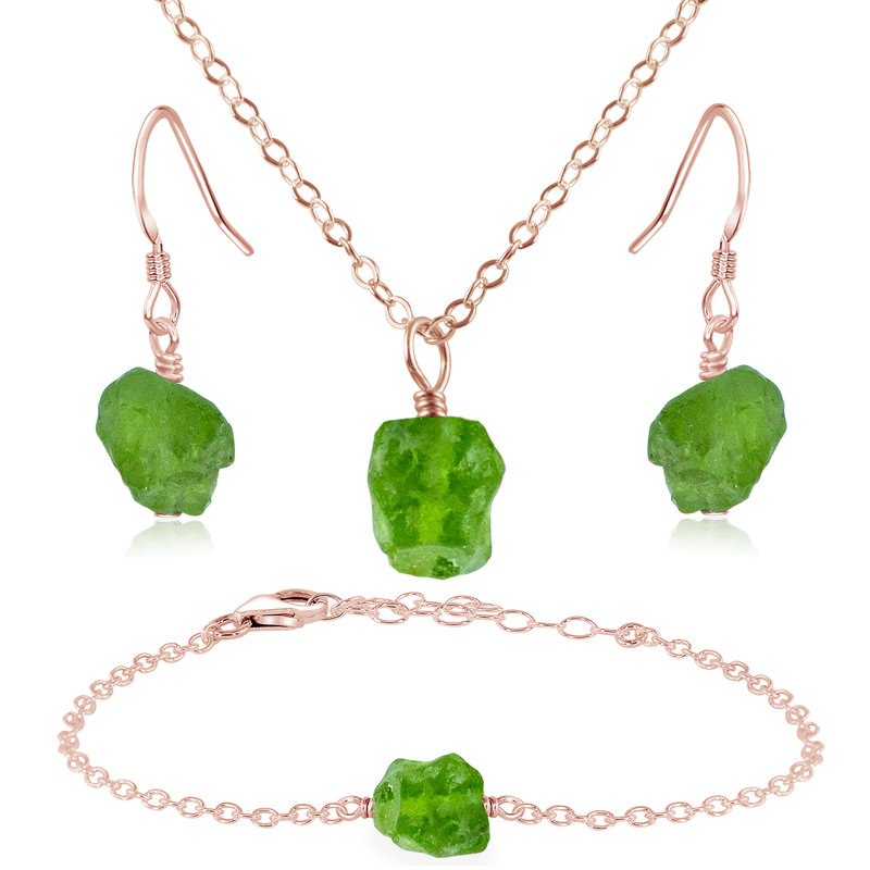 Raw Peridot Crystal Jewellery Set - Raw Peridot Crystal Jewellery Set - 14k Rose Gold Fill / Cable / Necklace & Earrings & Bracelet - Luna Tide Handmade Crystal Jewellery