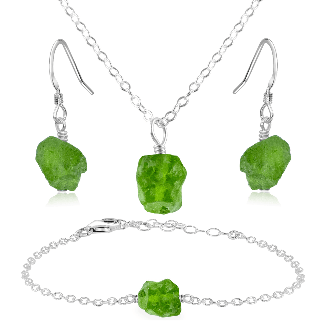 Raw Peridot Crystal Jewellery Set - Raw Peridot Crystal Jewellery Set - Sterling Silver / Cable / Necklace & Earrings & Bracelet - Luna Tide Handmade Crystal Jewellery