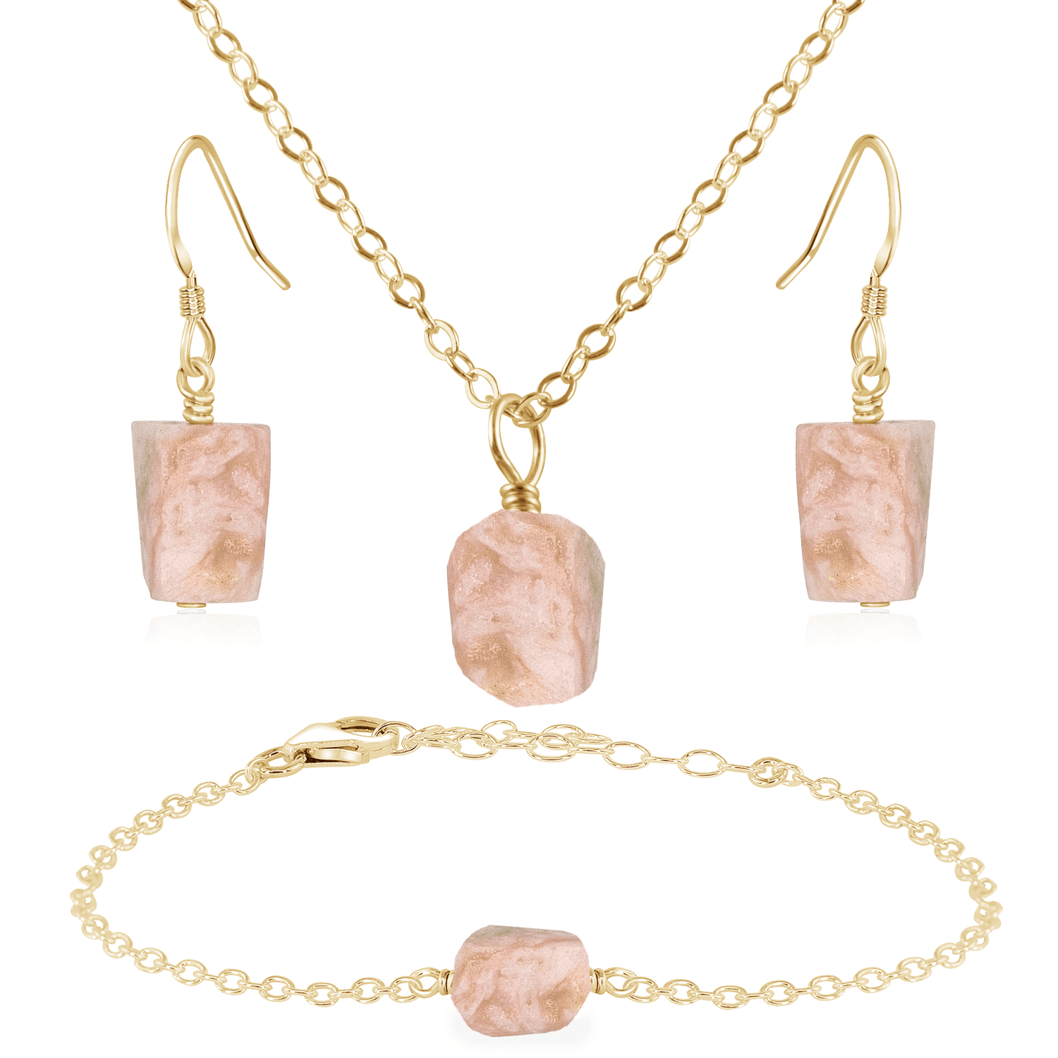 Raw Pink Peruvian Opal Crystal Jewellery Set - Raw Pink Peruvian Opal Crystal Jewellery Set - 14k Gold Fill / Cable / Necklace & Earrings & Bracelet - Luna Tide Handmade Crystal Jewellery