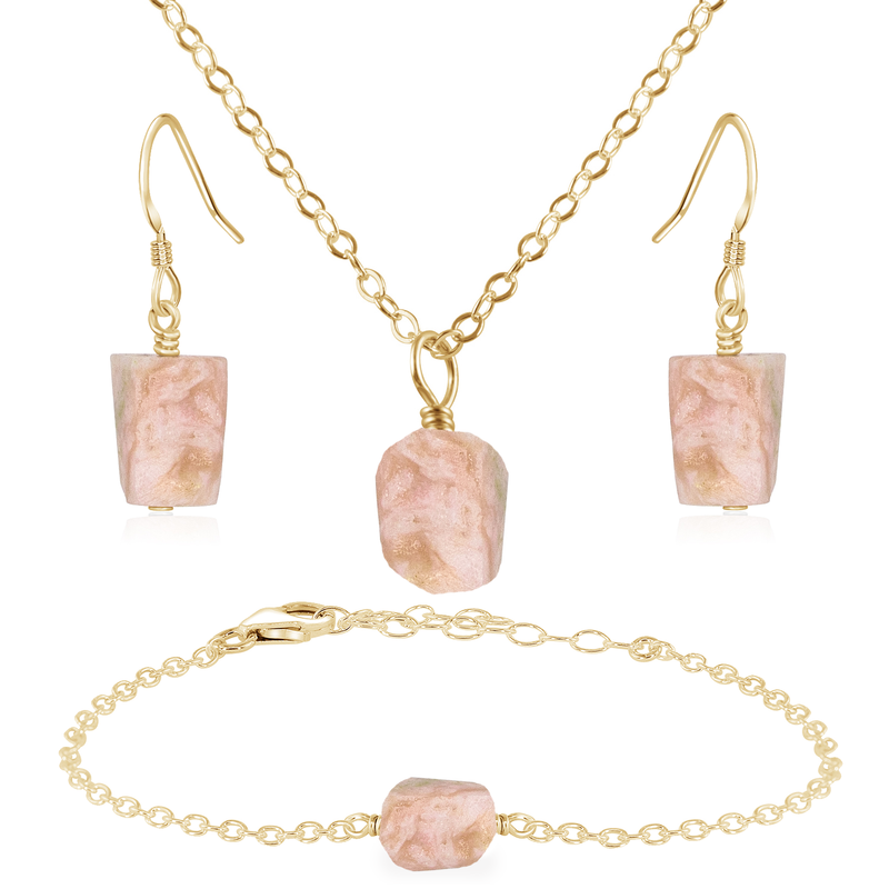 Raw Pink Peruvian Opal Crystal Jewellery Set - Raw Pink Peruvian Opal Crystal Jewellery Set - 14k Gold Fill / Cable / Necklace & Earrings & Bracelet - Luna Tide Handmade Crystal Jewellery