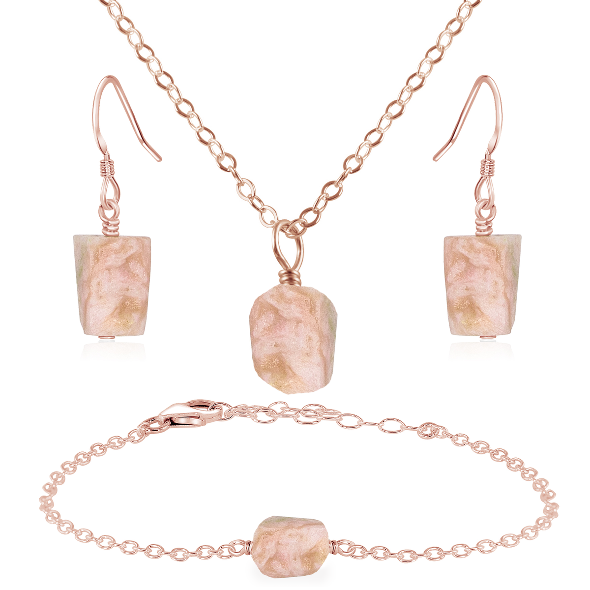 Raw Pink Peruvian Opal Crystal Jewellery Set - Raw Pink Peruvian Opal Crystal Jewellery Set - 14k Rose Gold Fill / Cable / Necklace & Earrings & Bracelet - Luna Tide Handmade Crystal Jewellery