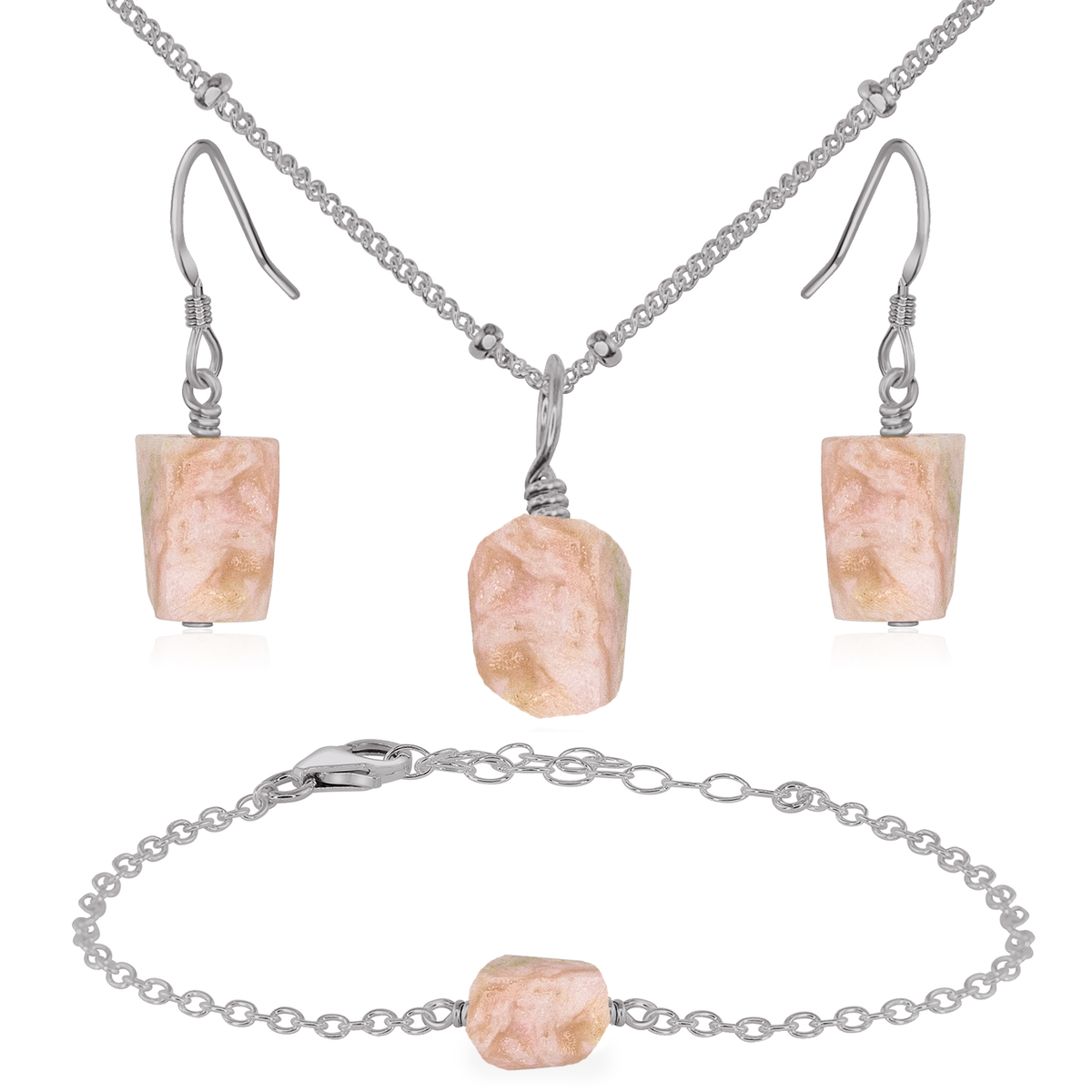 Raw Pink Peruvian Opal Crystal Jewellery Set - Raw Pink Peruvian Opal Crystal Jewellery Set - Stainless Steel / Satellite / Necklace & Earrings & Bracelet - Luna Tide Handmade Crystal Jewellery
