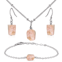 Raw Pink Peruvian Opal Crystal Jewellery Set - Raw Pink Peruvian Opal Crystal Jewellery Set - Stainless Steel / Satellite / Necklace & Earrings & Bracelet - Luna Tide Handmade Crystal Jewellery