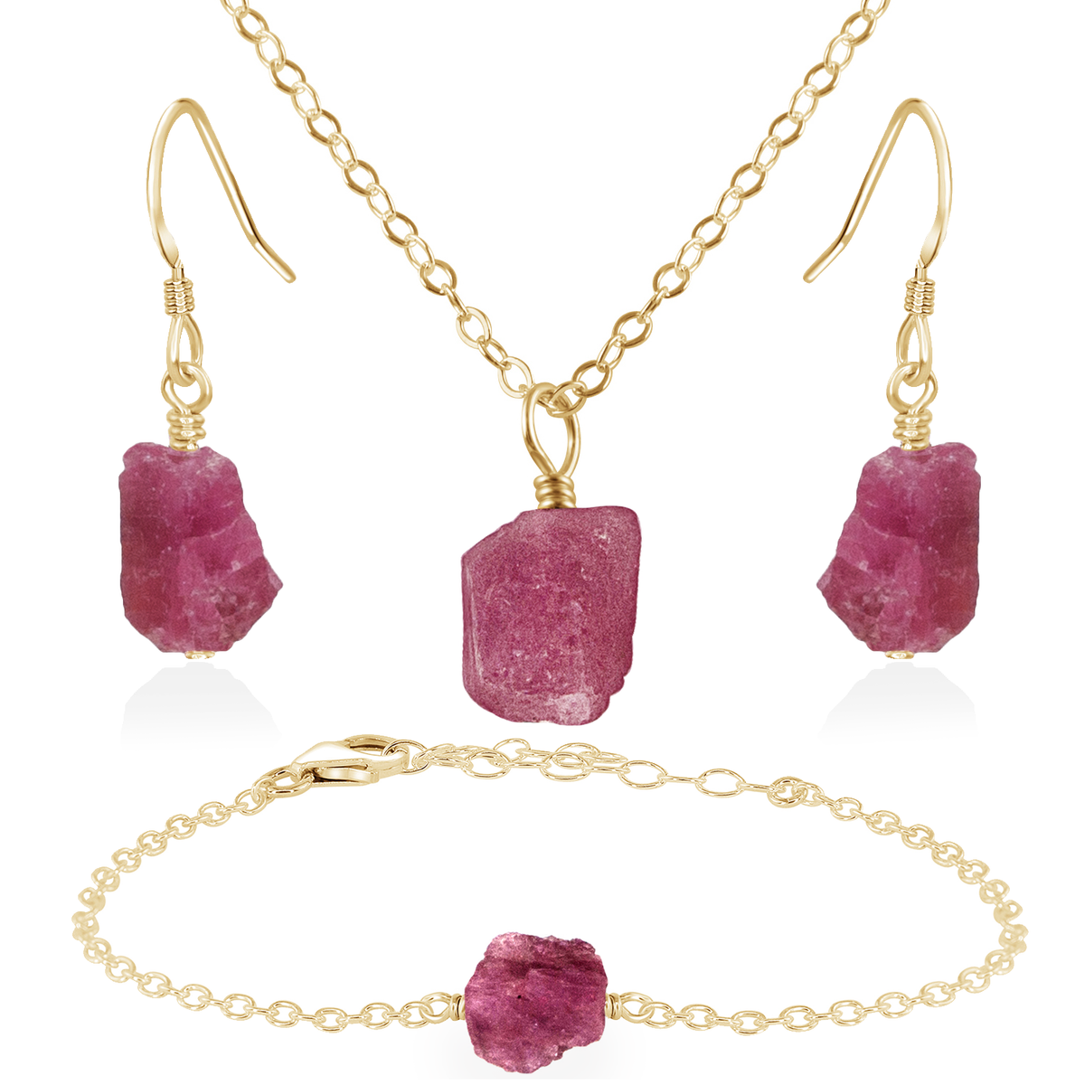 Raw Pink Tourmaline Crystal Jewellery Set - Raw Pink Tourmaline Crystal Jewellery Set - 14k Gold Fill / Cable / Necklace & Earrings & Bracelet - Luna Tide Handmade Crystal Jewellery