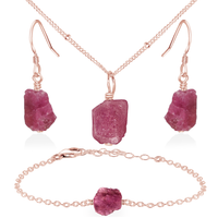 Raw Pink Tourmaline Crystal Jewellery Set - Raw Pink Tourmaline Crystal Jewellery Set - 14k Rose Gold Fill / Satellite / Necklace & Earrings & Bracelet - Luna Tide Handmade Crystal Jewellery