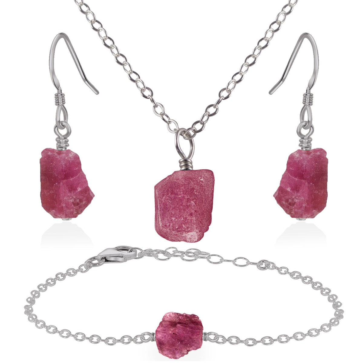 Raw Pink Tourmaline Crystal Jewellery Set - Raw Pink Tourmaline Crystal Jewellery Set - Stainless Steel / Cable / Necklace & Earrings & Bracelet - Luna Tide Handmade Crystal Jewellery