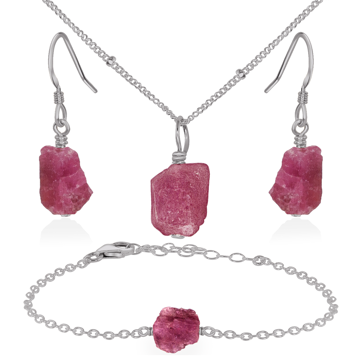 Raw Pink Tourmaline Crystal Jewellery Set - Raw Pink Tourmaline Crystal Jewellery Set - Stainless Steel / Satellite / Necklace & Earrings & Bracelet - Luna Tide Handmade Crystal Jewellery