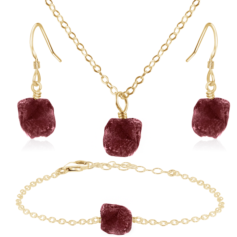 Raw Ruby Crystal Jewellery Set - Raw Ruby Crystal Jewellery Set - 14k Gold Fill / Cable / Necklace & Earrings & Bracelet - Luna Tide Handmade Crystal Jewellery