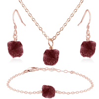 Raw Ruby Crystal Jewellery Set - Raw Ruby Crystal Jewellery Set - 14k Rose Gold Fill / Cable / Necklace & Earrings & Bracelet - Luna Tide Handmade Crystal Jewellery